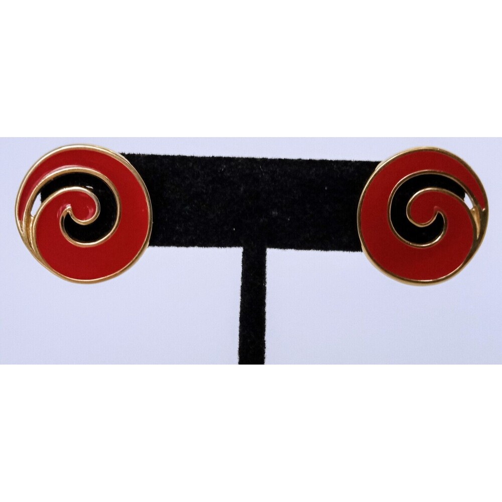 Vintage Monet Goldtone Red Enamel Swirl Post Earrings - Picture 3 of 8